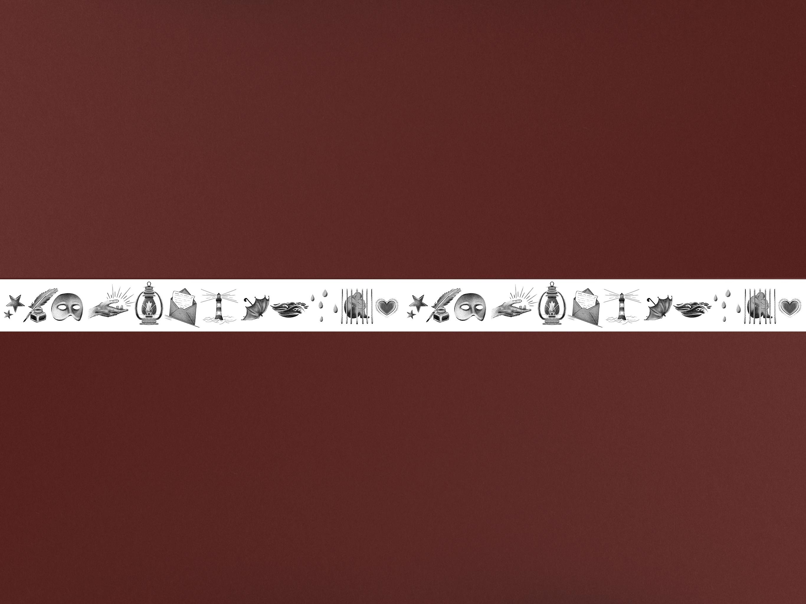 Decorative bookmark strip with repeating illustrated icons of poetry motifs