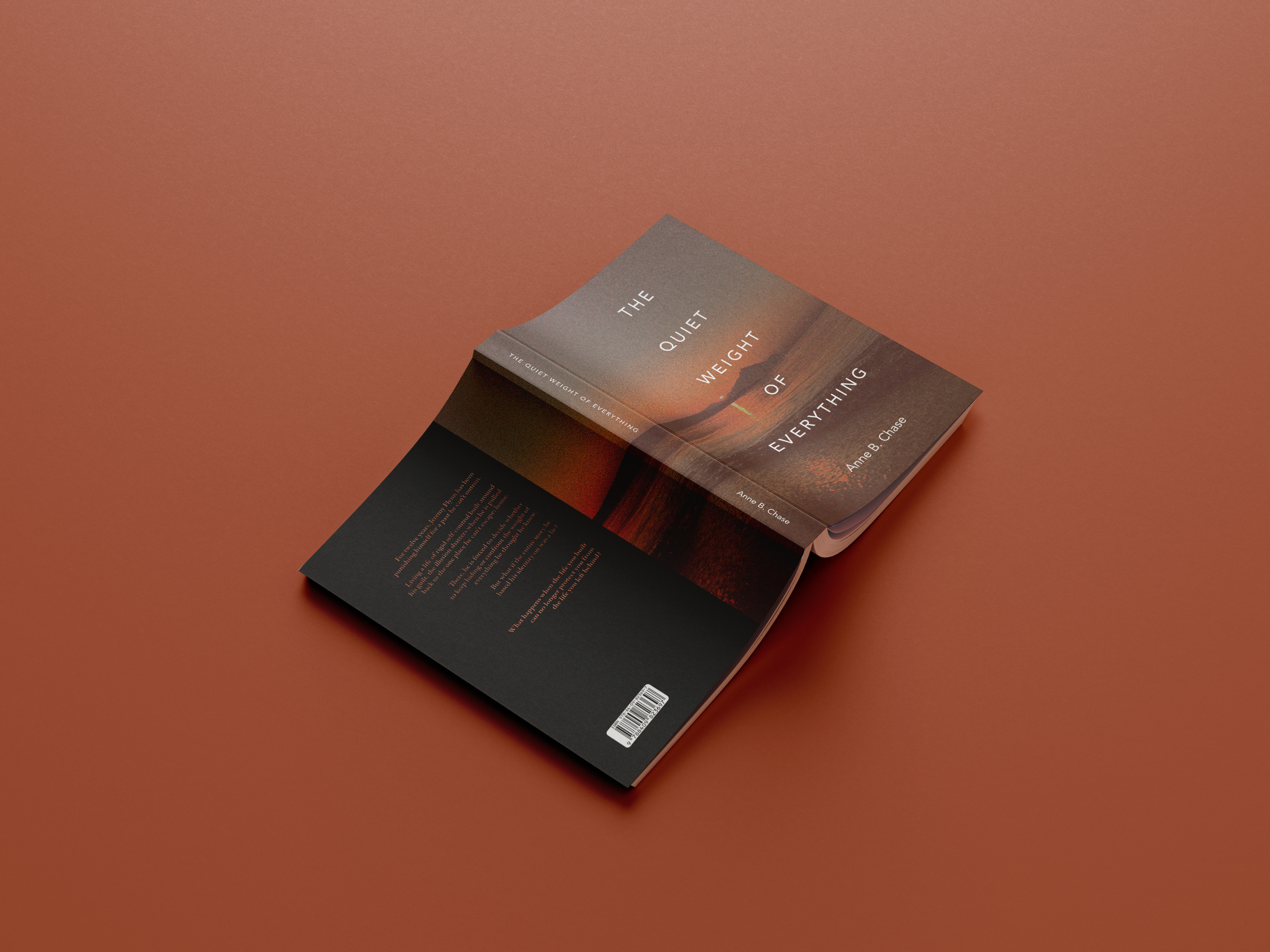 Front and back cover spread showing sunset landscape and back cover text