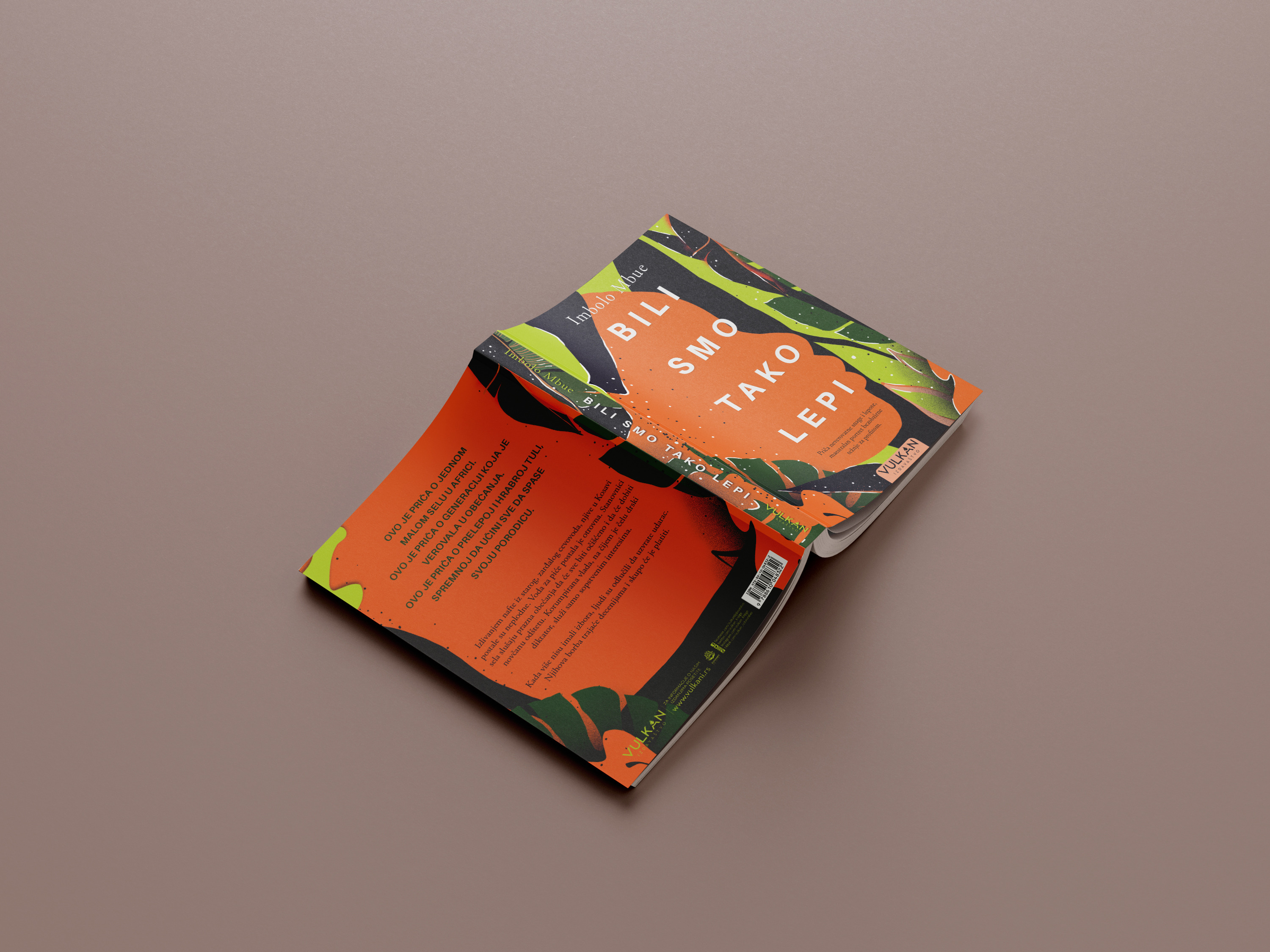 Front and back cover spread showing tropical leaf illustration and synopsis