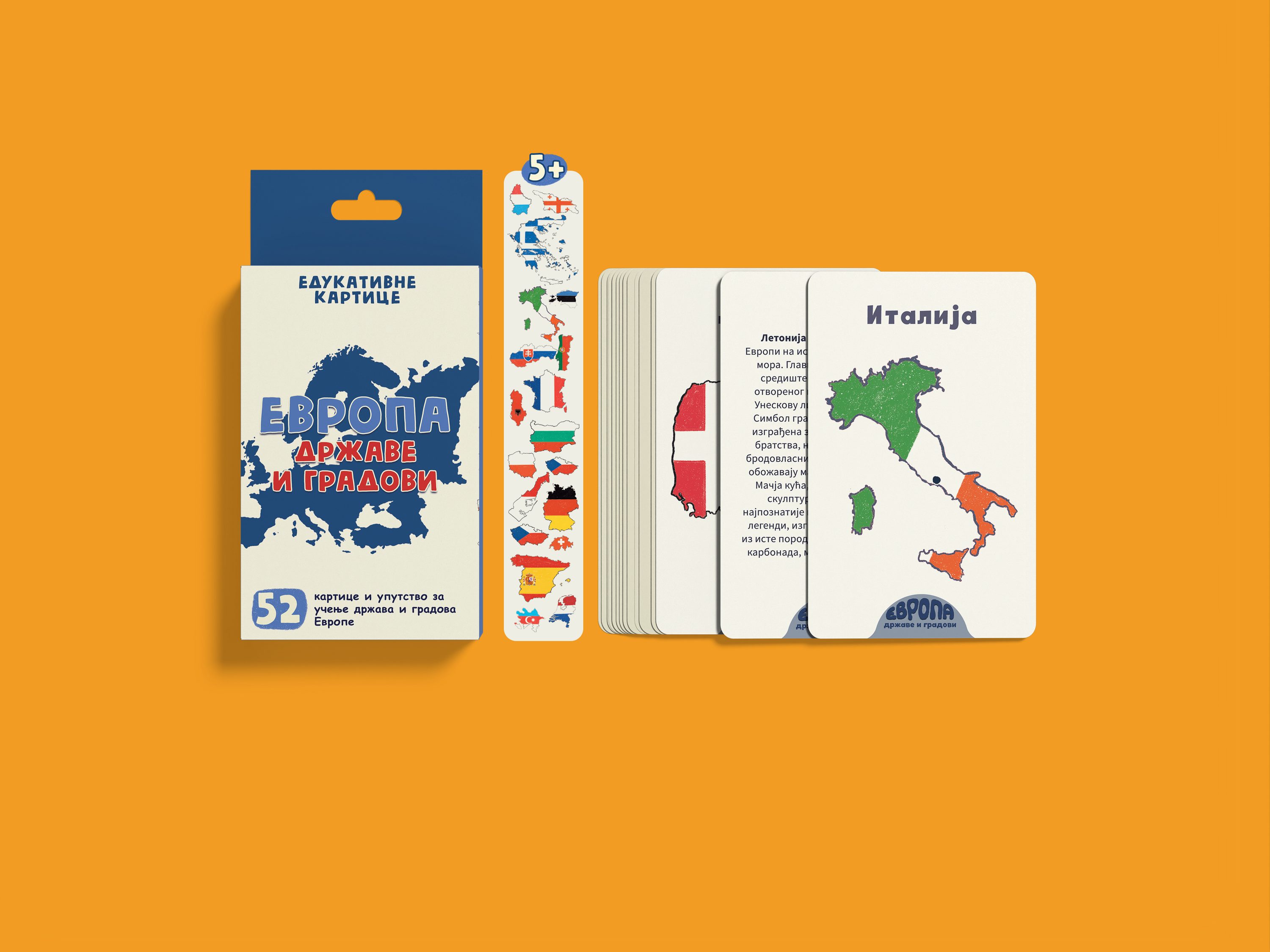 Europe, Countries and Cities deck — box, flag bookmark and sample cards showing Italy