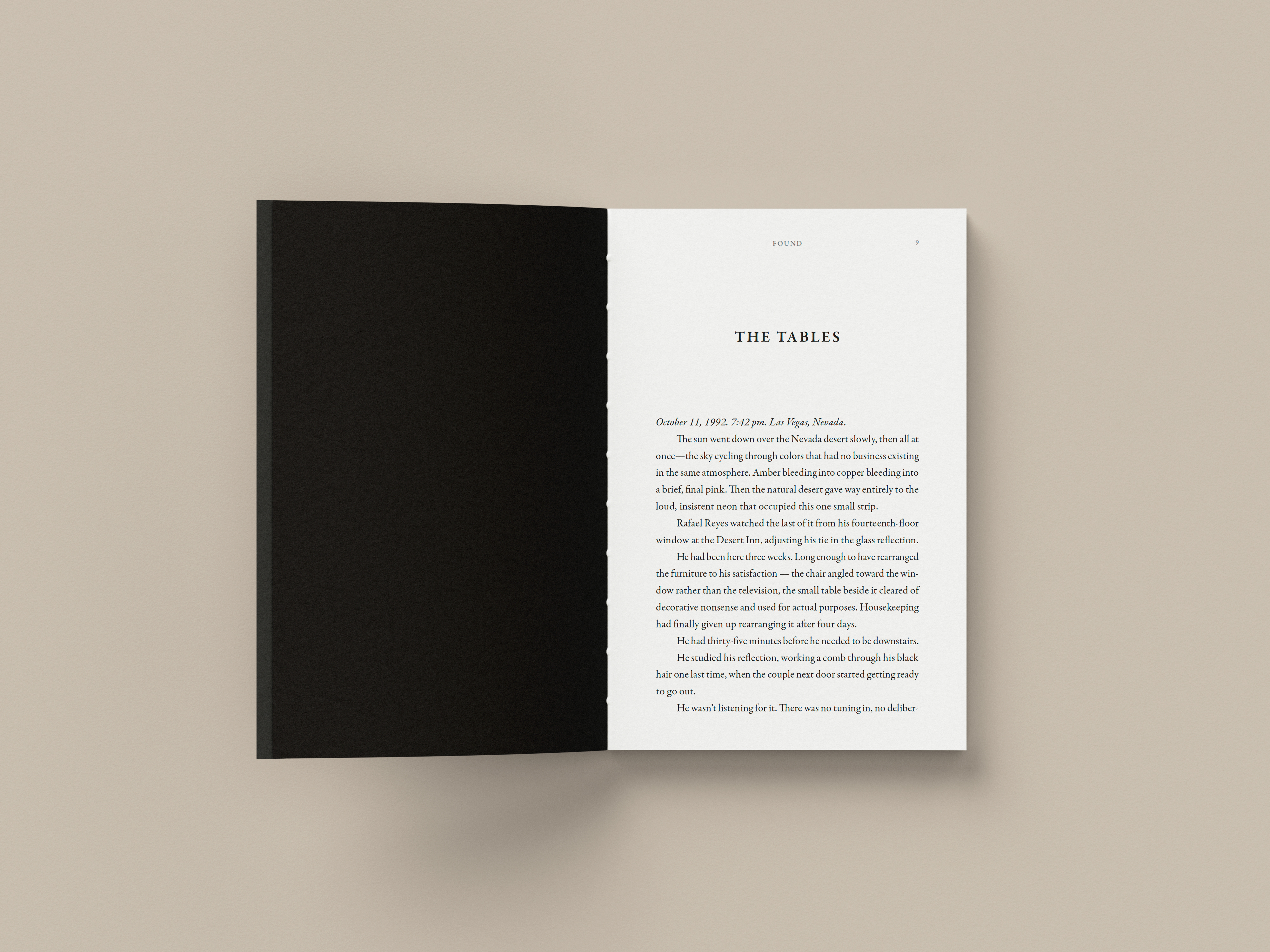 Interior spread of Found with chapter title 'The Tables' and opening prose