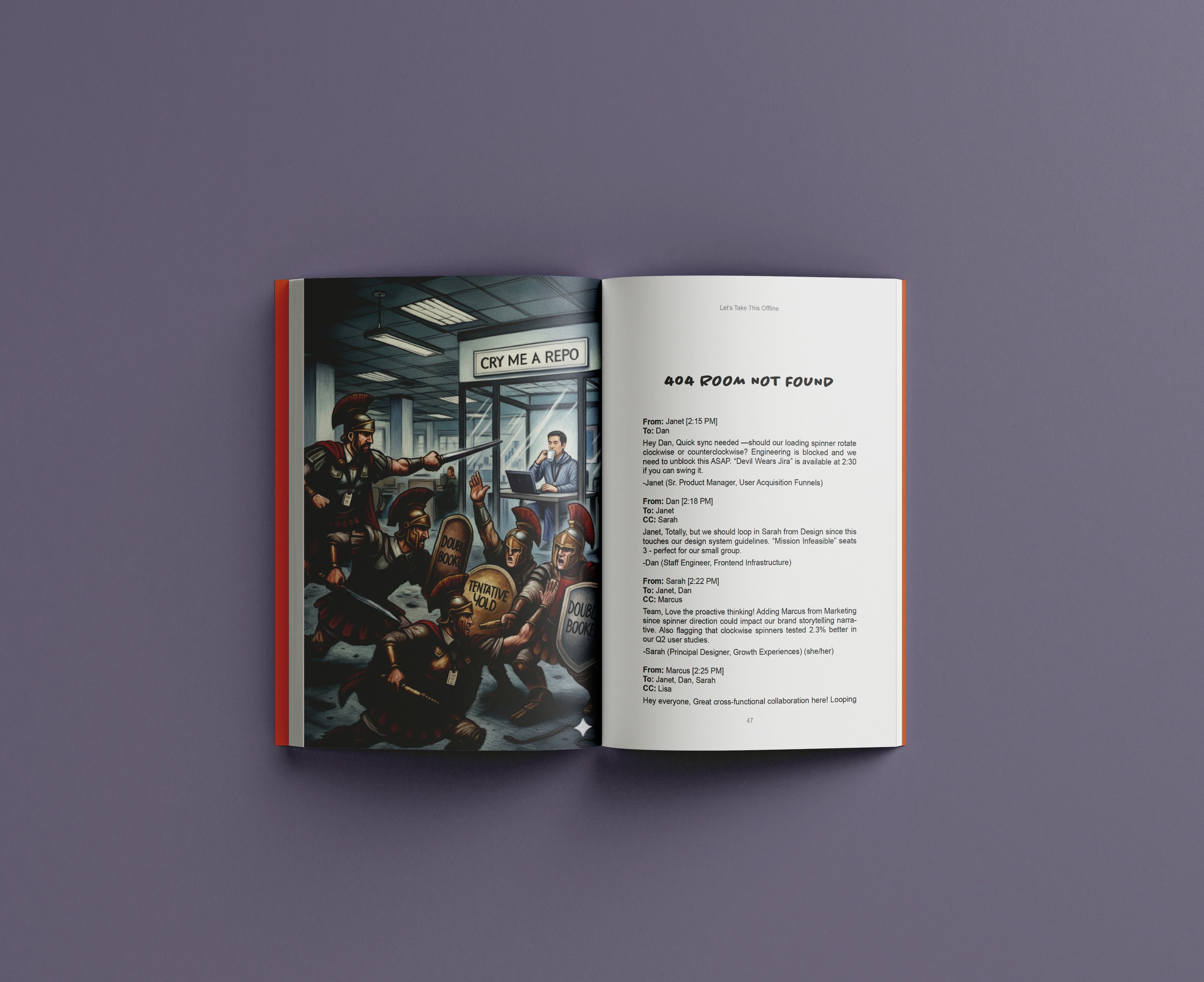 Interior spread with satirical illustration of office Roman warriors and email thread