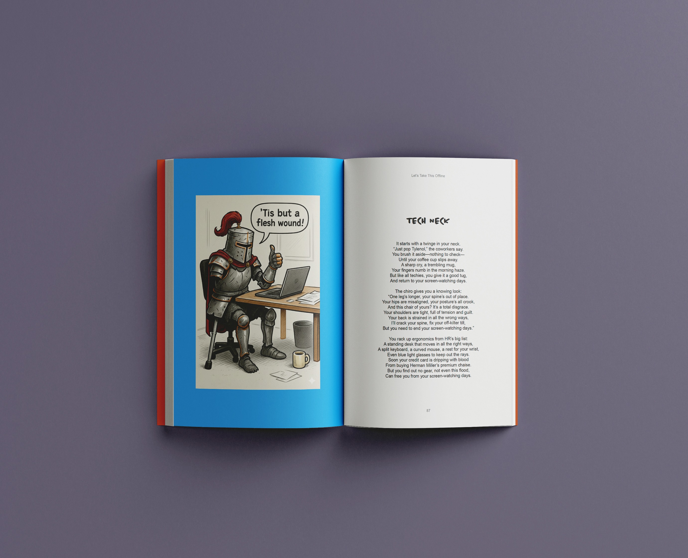 Interior spread with knight-at-desk illustration and humorous poem