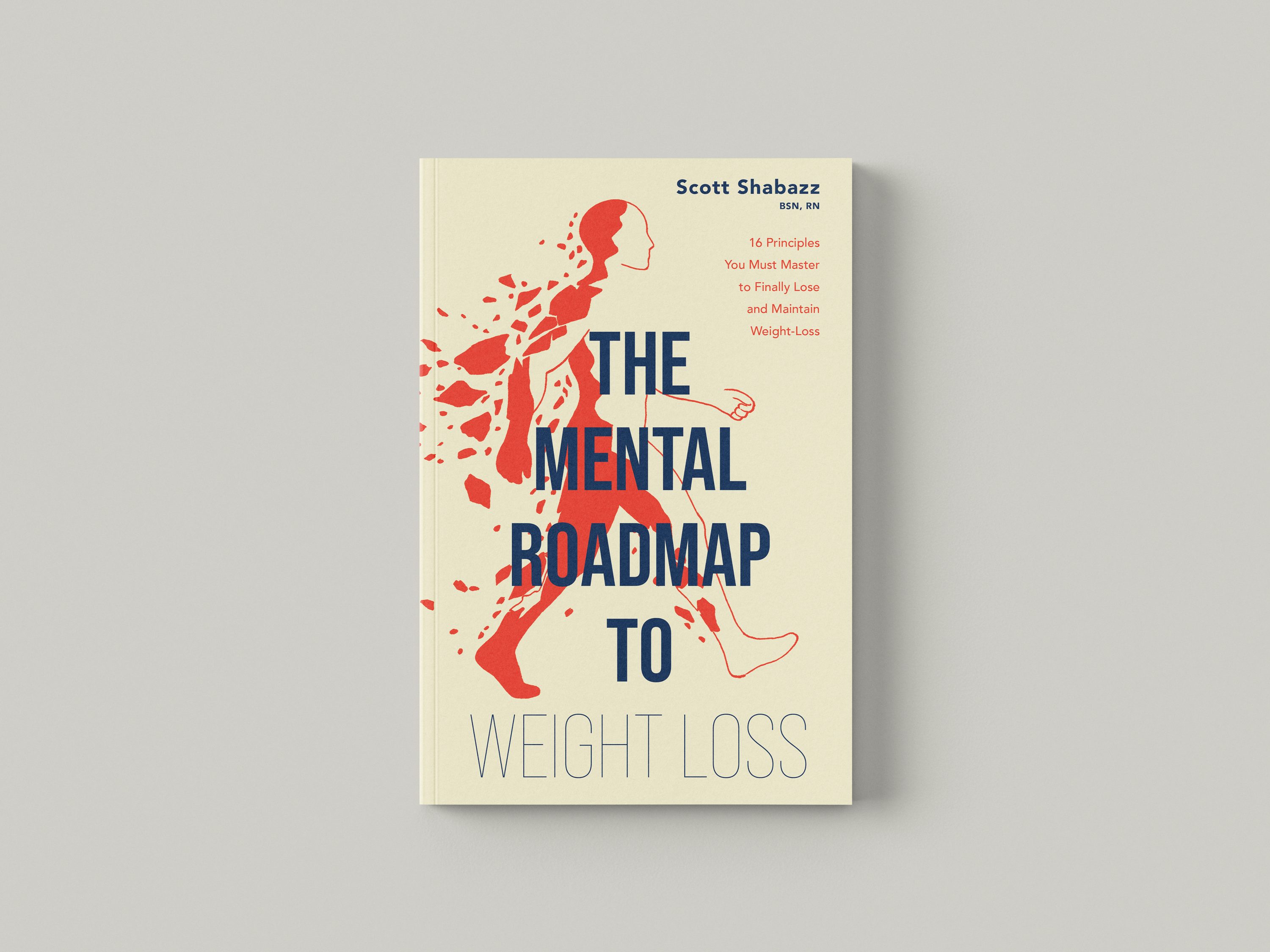 The Mental Roadmap to Weight Loss cover — a red walking figure fragmenting mid-stride, title in navy on cream