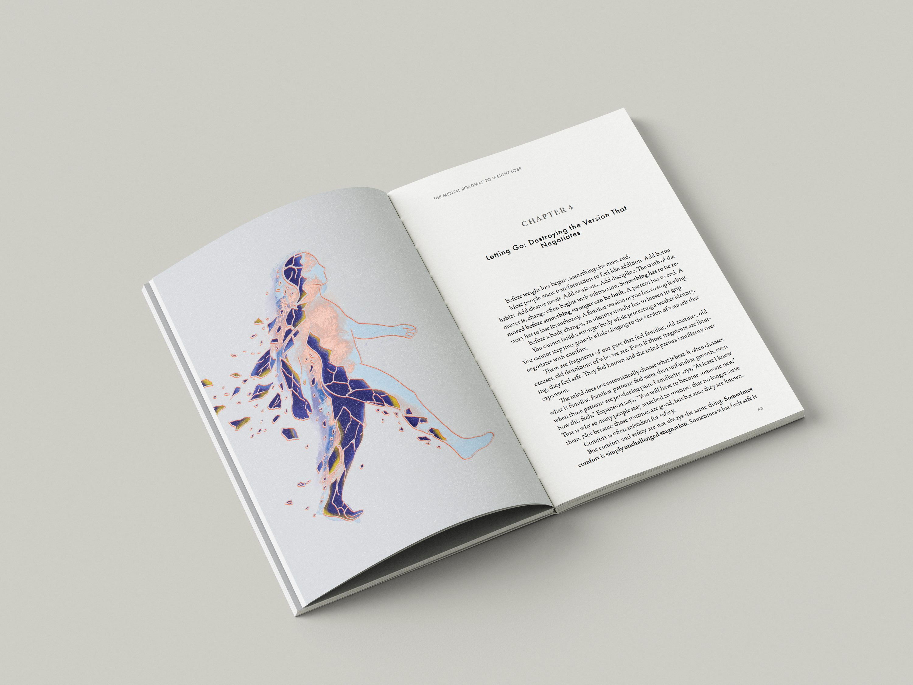 Chapter opener spread with a fragmented figure illustration facing the chapter text