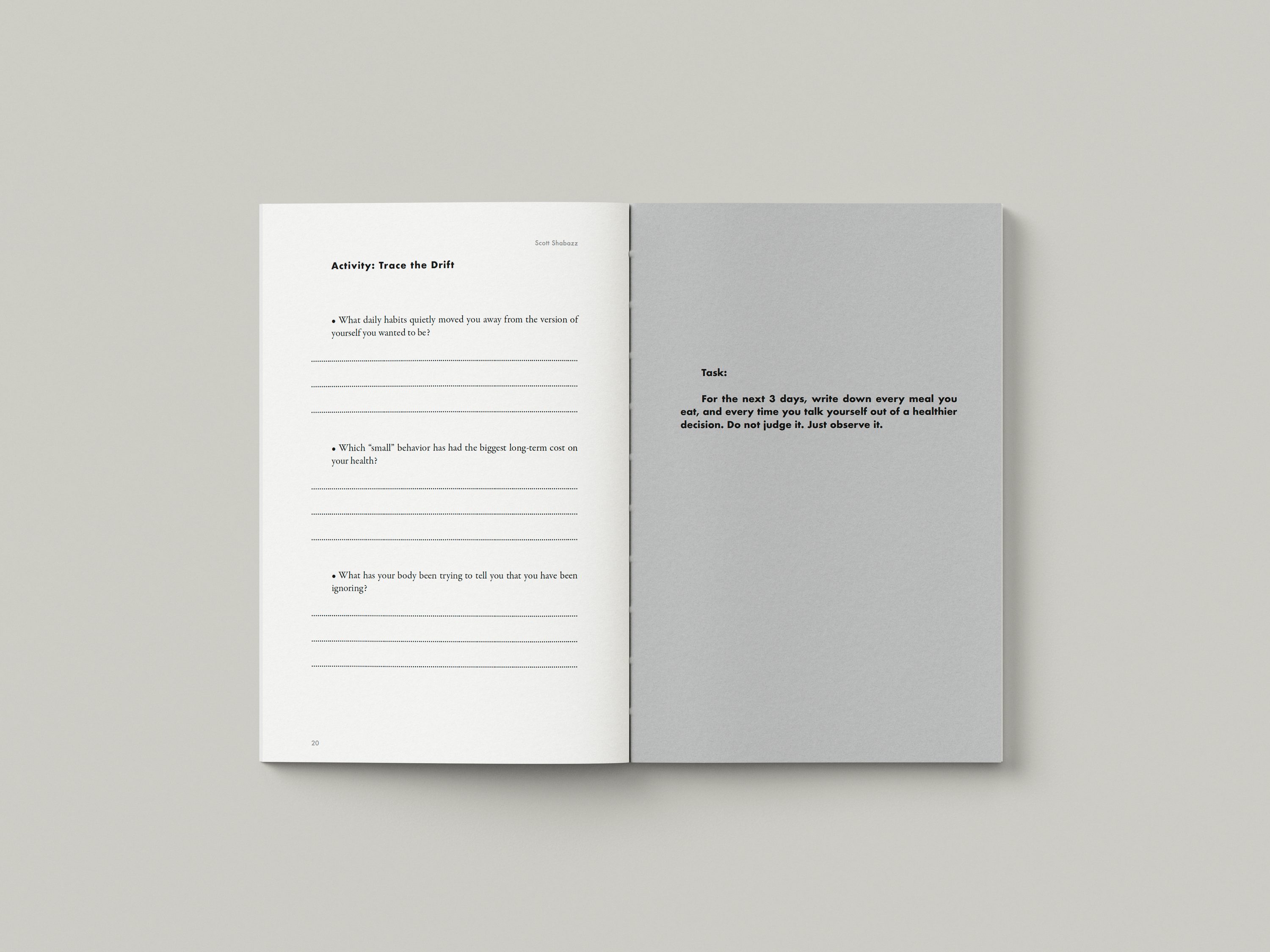 Activity spread with ruled writing lines opposite a grey task page