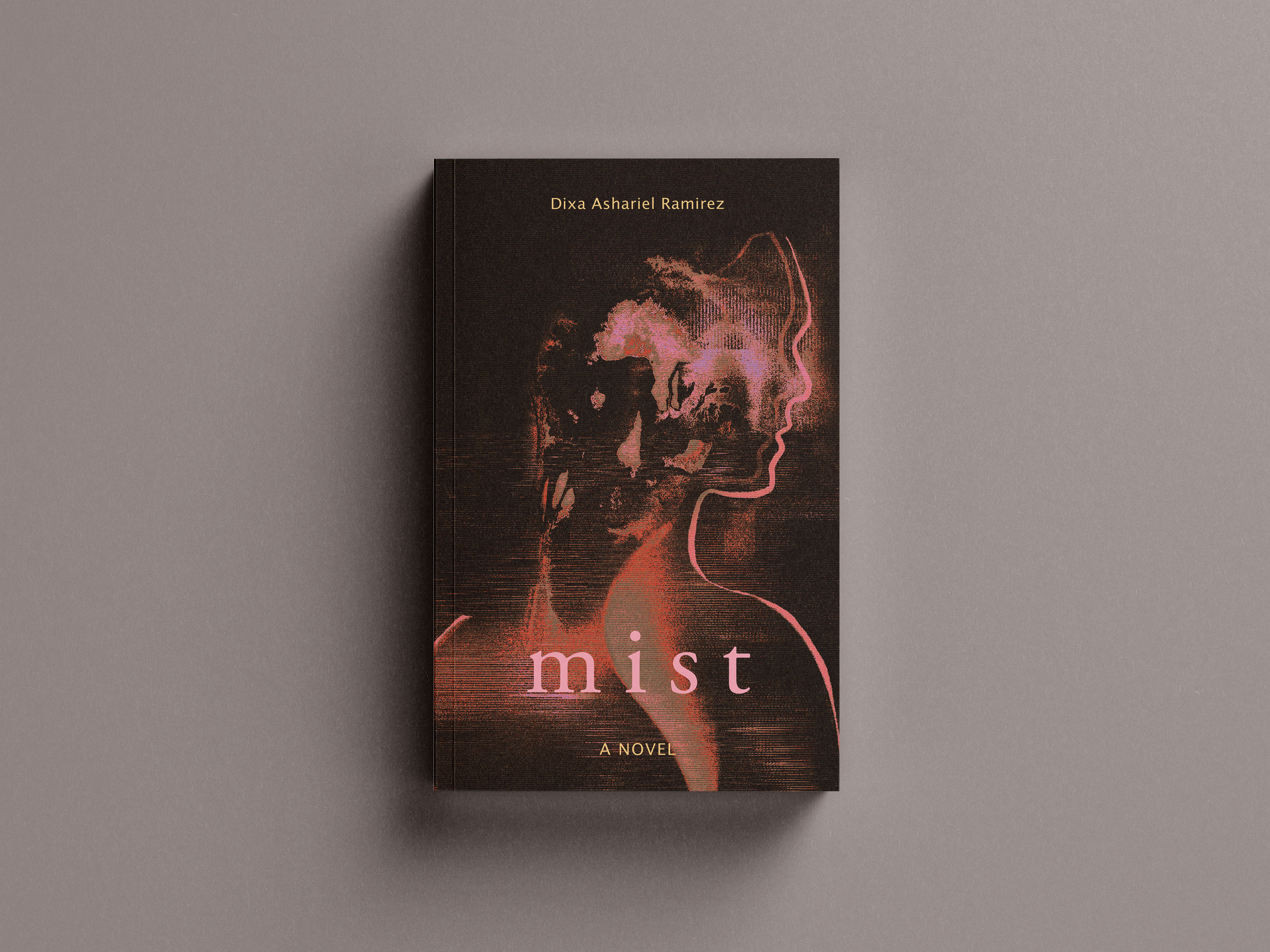 Front cover standing upright on grey background, dark atmospheric portrait with pink line art