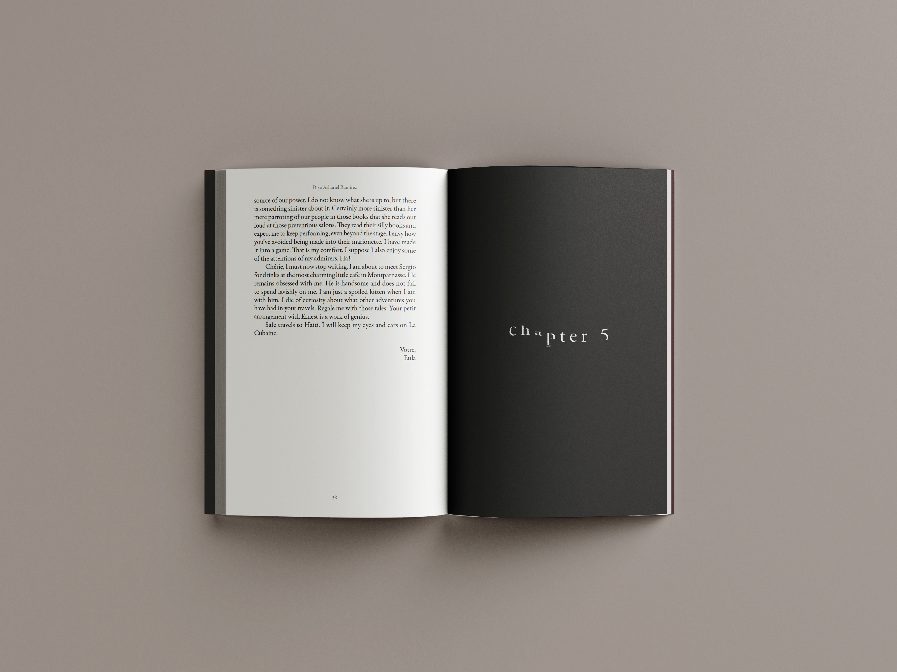 Interior spread showing end of chapter with italic text and dark chapter 5 divider page