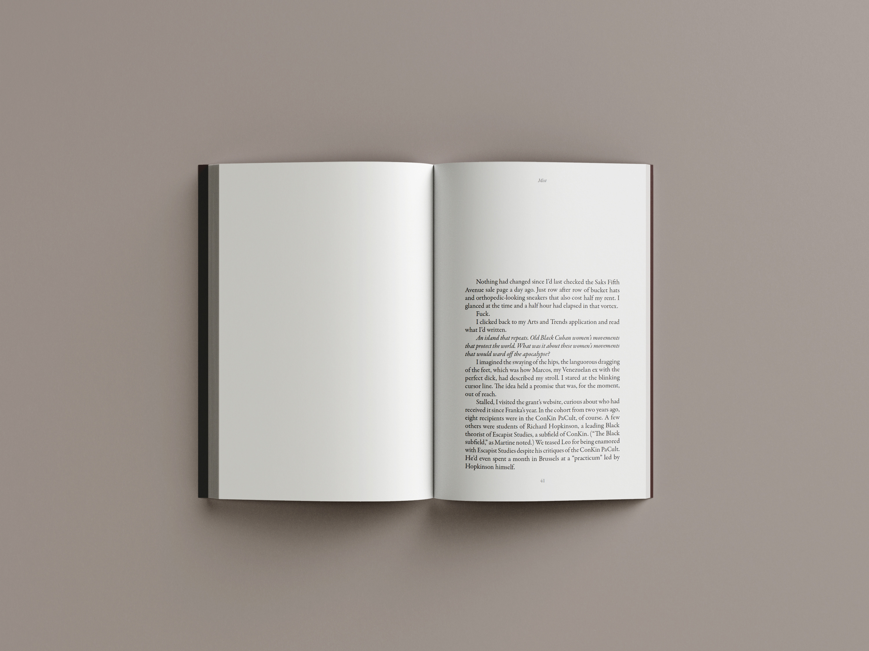 Interior spread with prose text and generous white space on right page