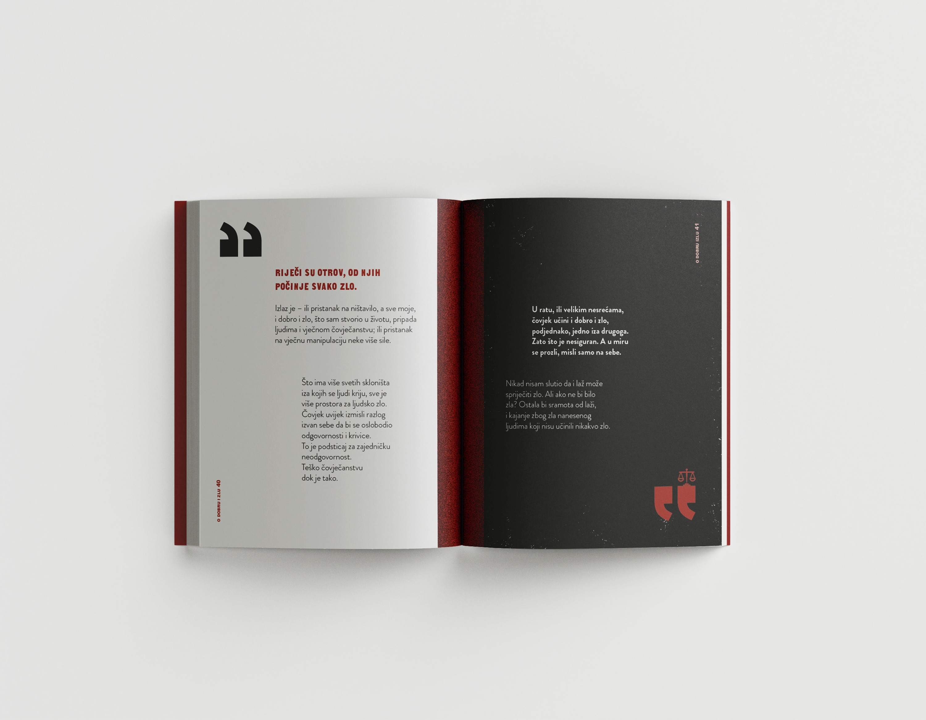 Interior spread with bold quotation and white-on-black text layout