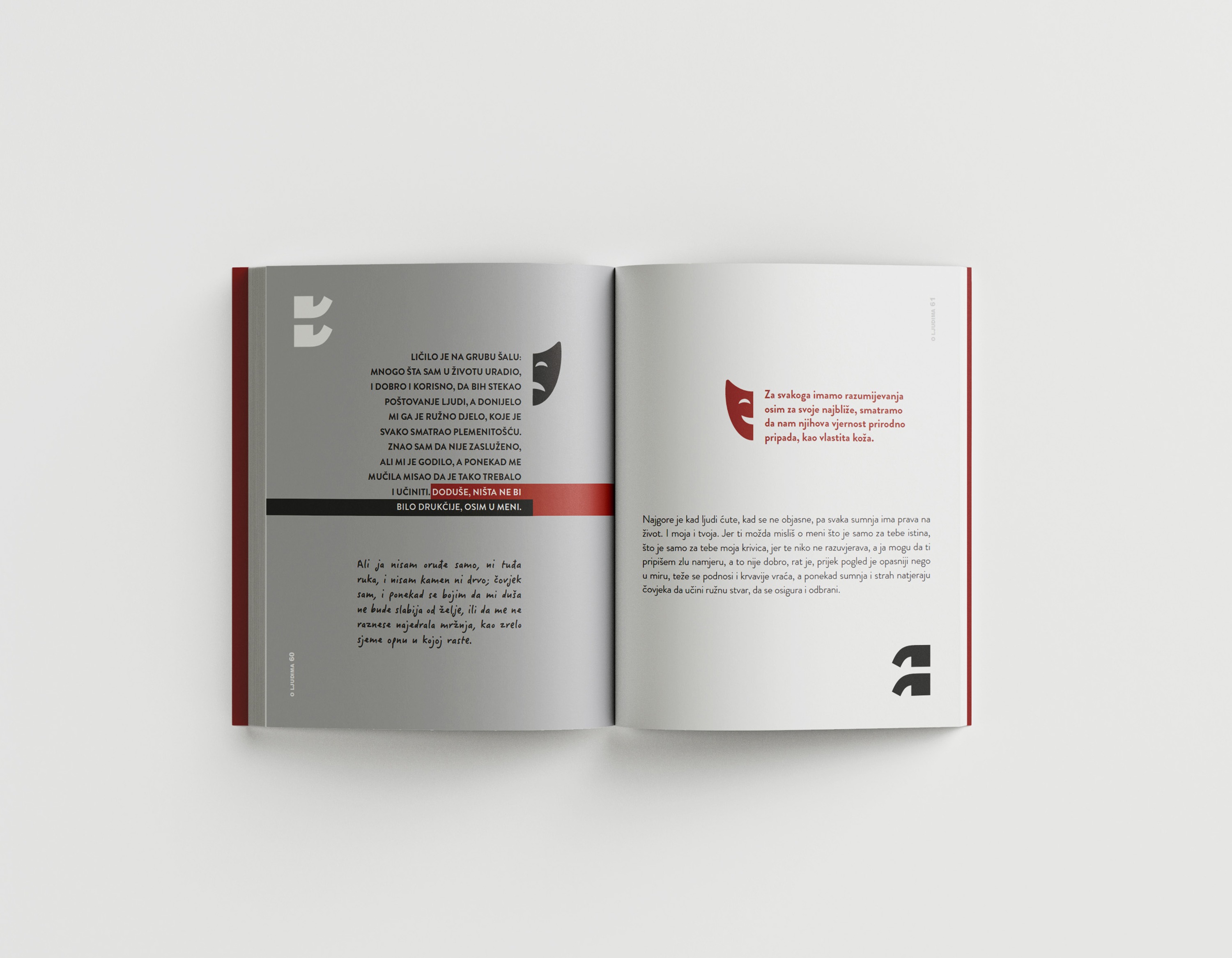 Interior spread with theatre mask icons and highlighted quote on red band