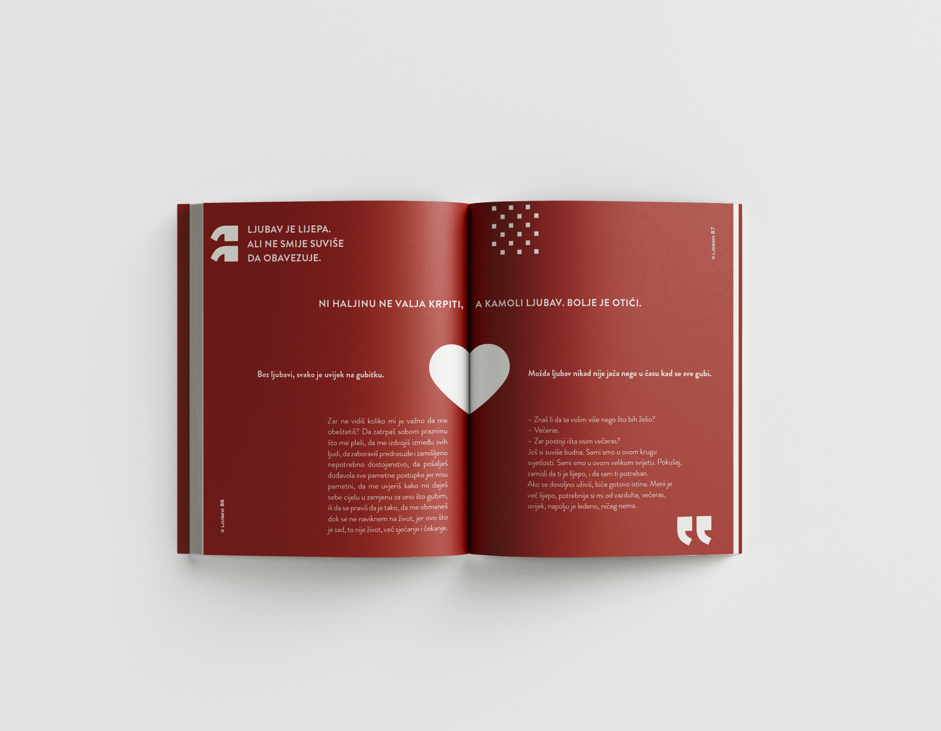 Interior spread with heart gutter detail, quotes, and bold typographic hierarchy