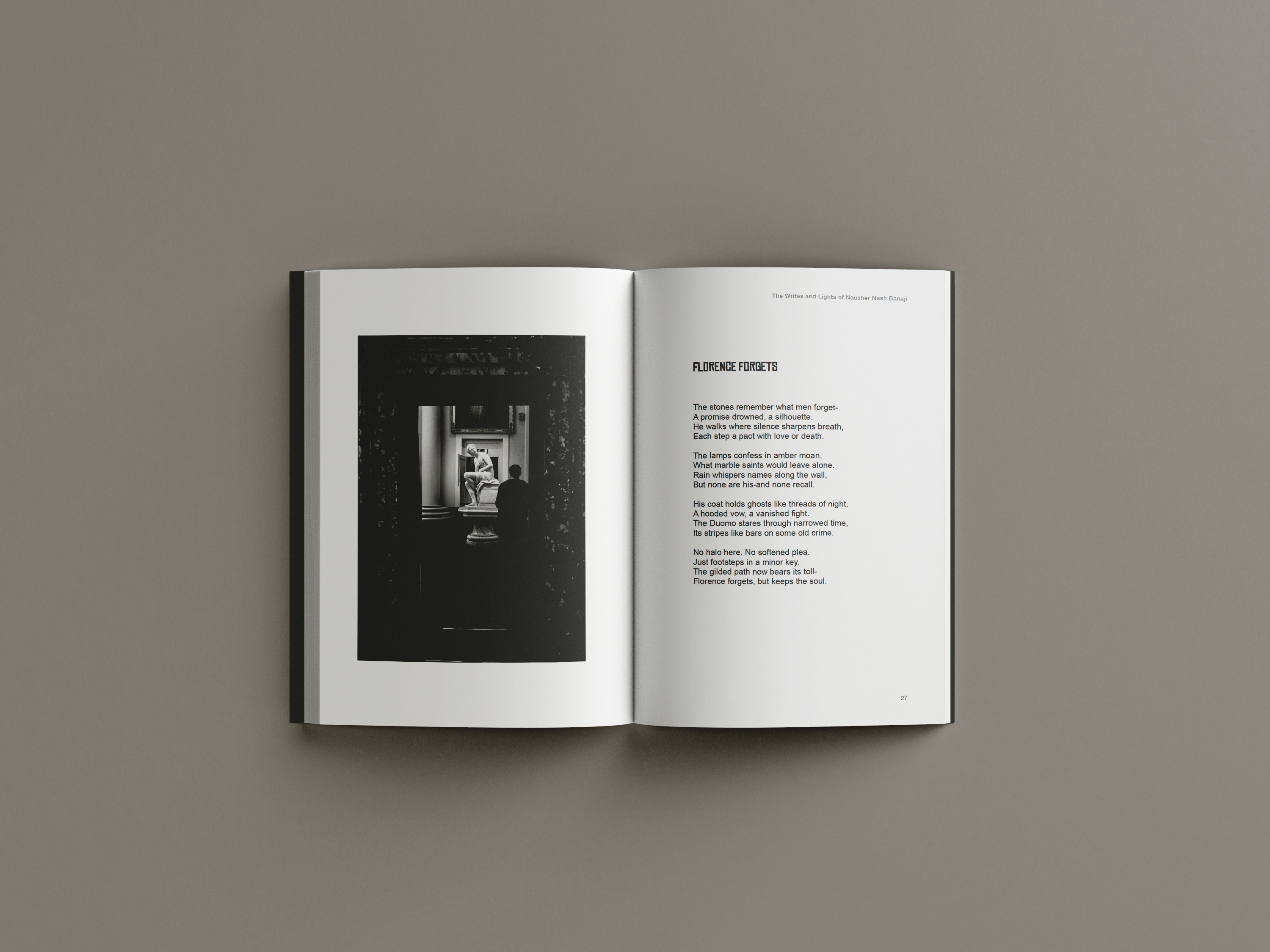 Interior spread with gallery photograph of figure viewing sculpture and poem