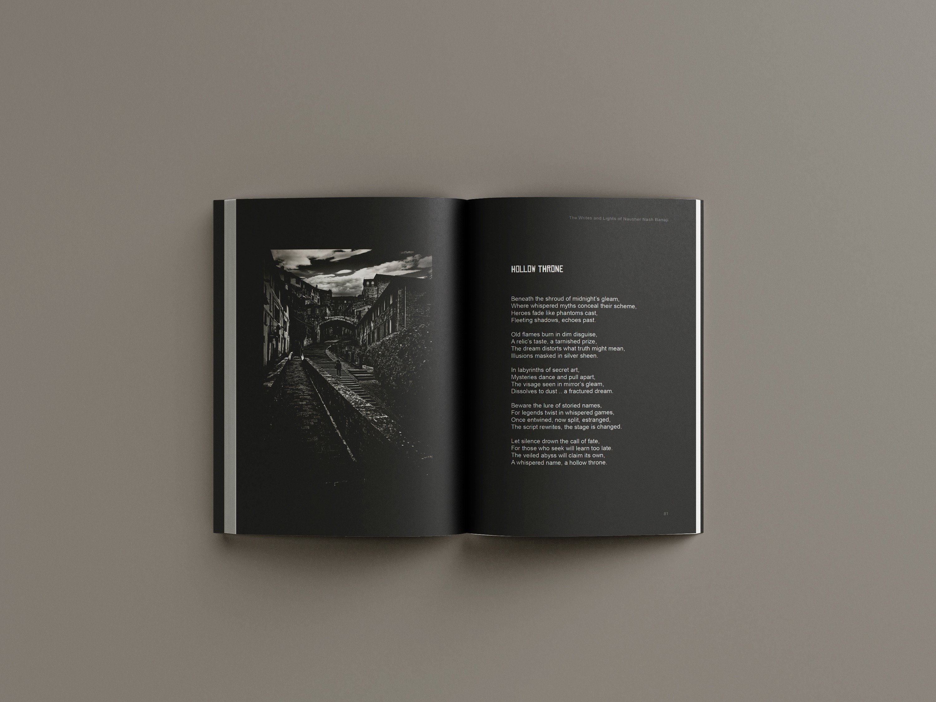 Dark interior spread with moody cityscape photograph and poem on black page