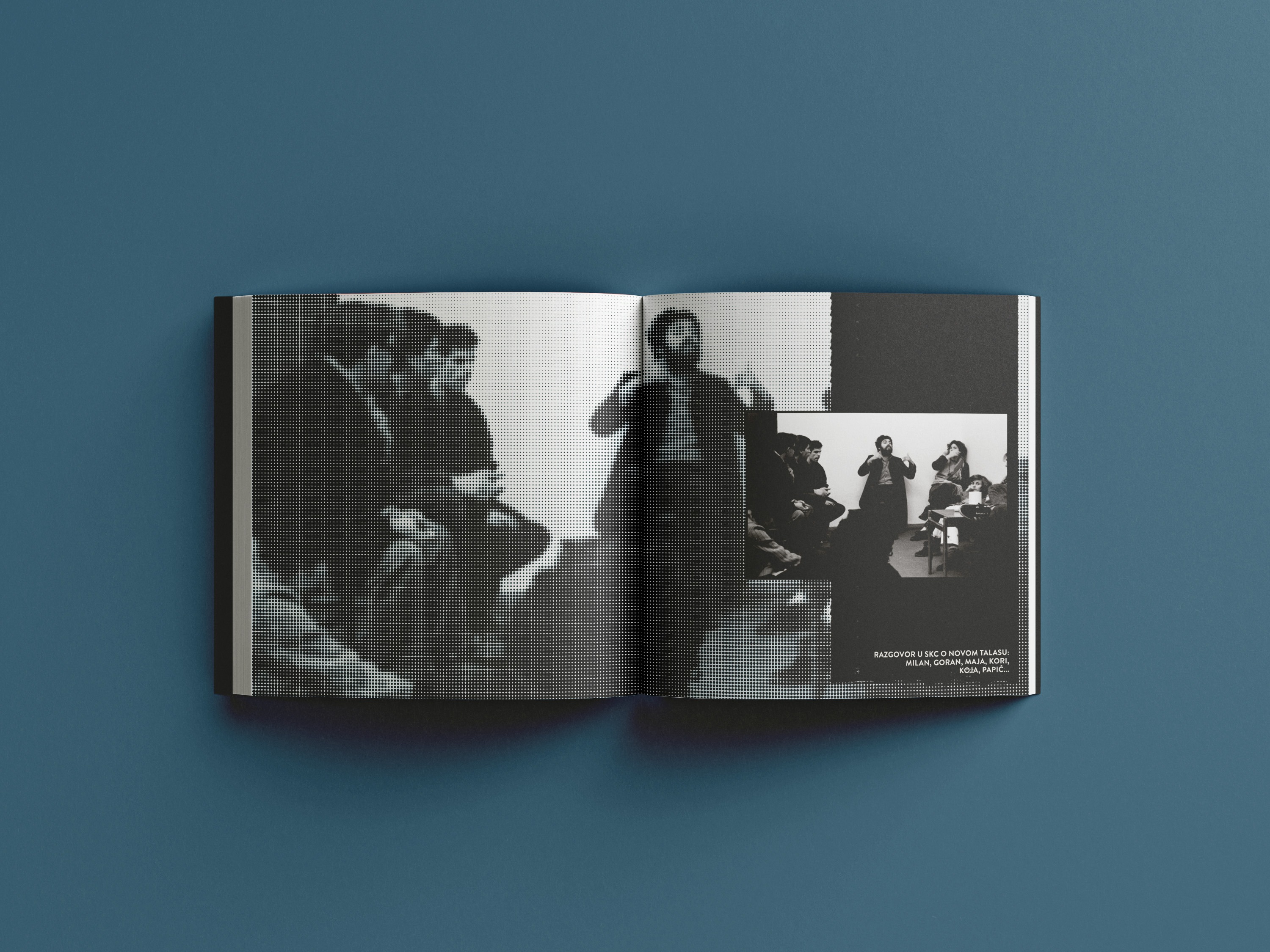 Spread with halftone enlarged photo and inset archival concert photograph