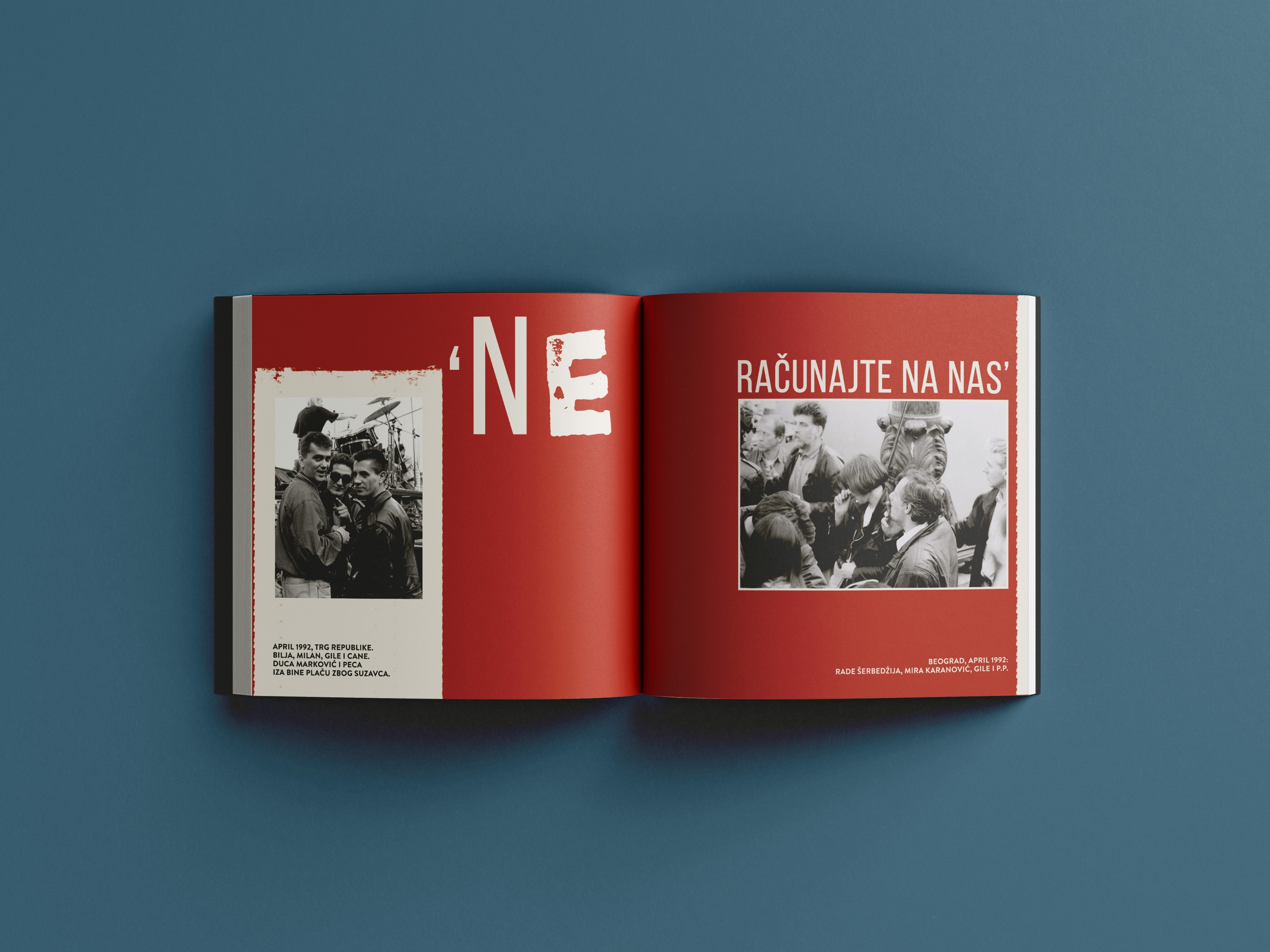 Bold red spread with protest typography and B&W documentary photographs