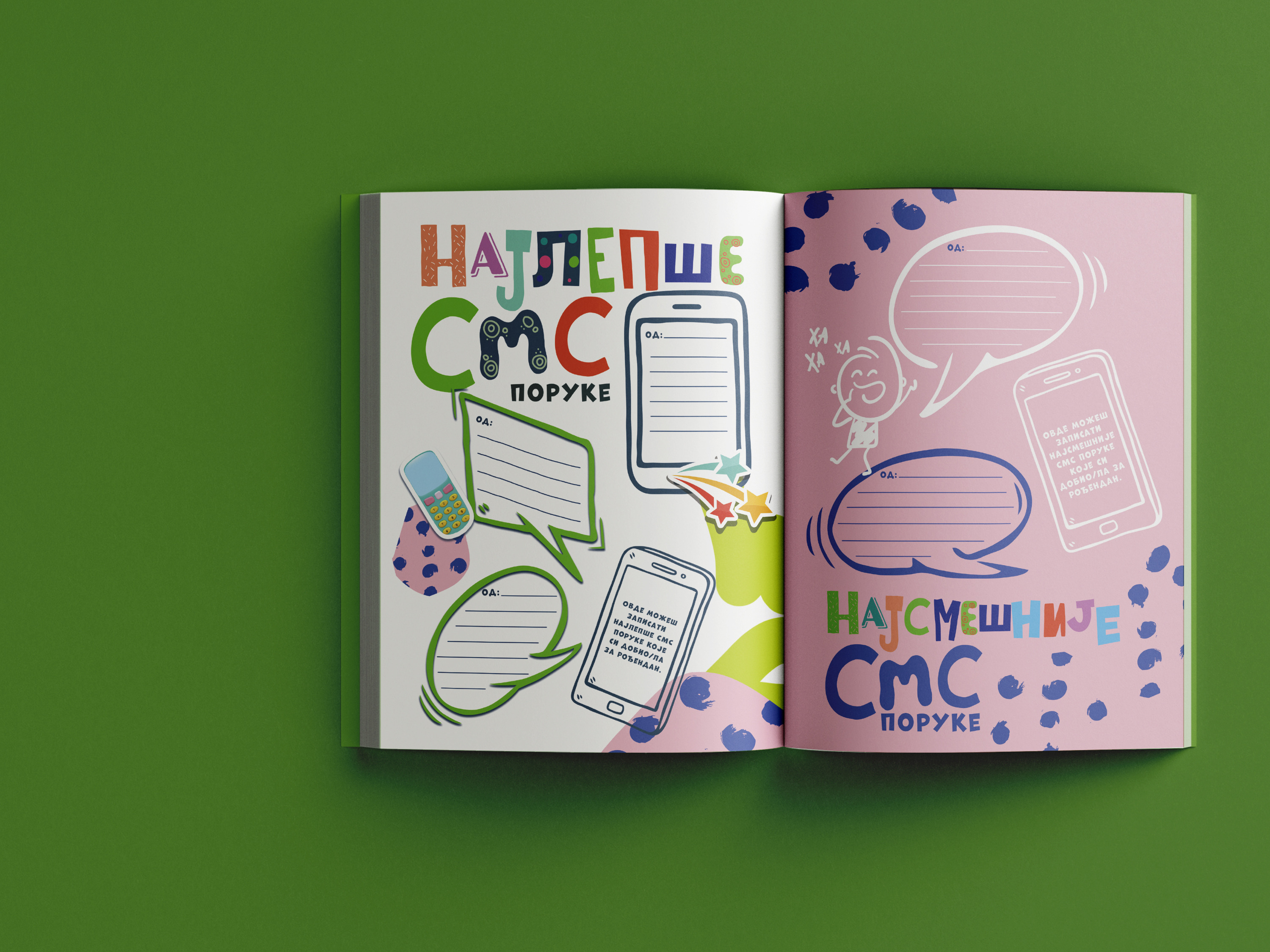 Birthday book spread with cake illustration, recipe card, and photo frame