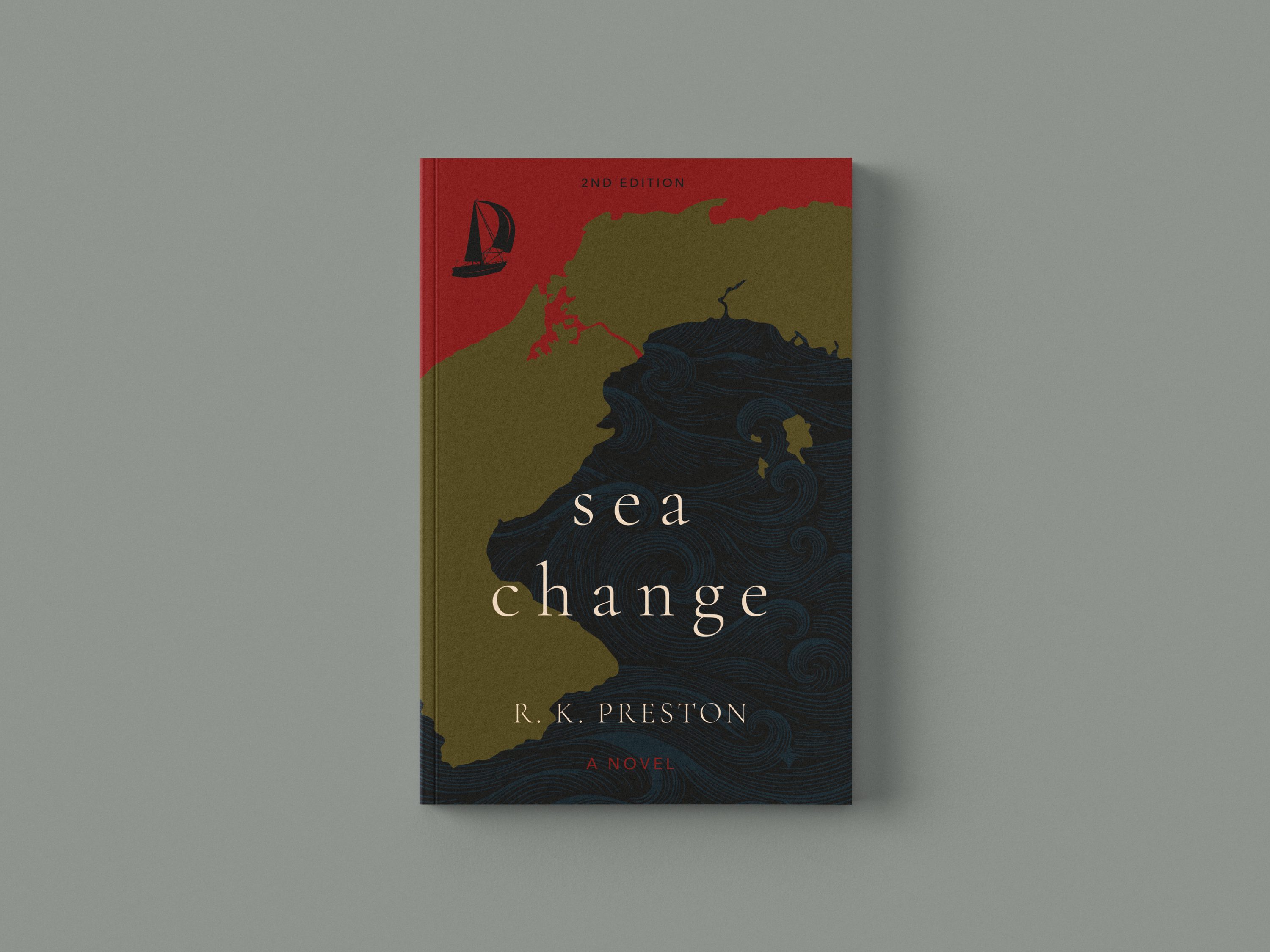 Sea Change cover — coastline and breaking wave in olive, navy and red, with a small sailboat under a red sky