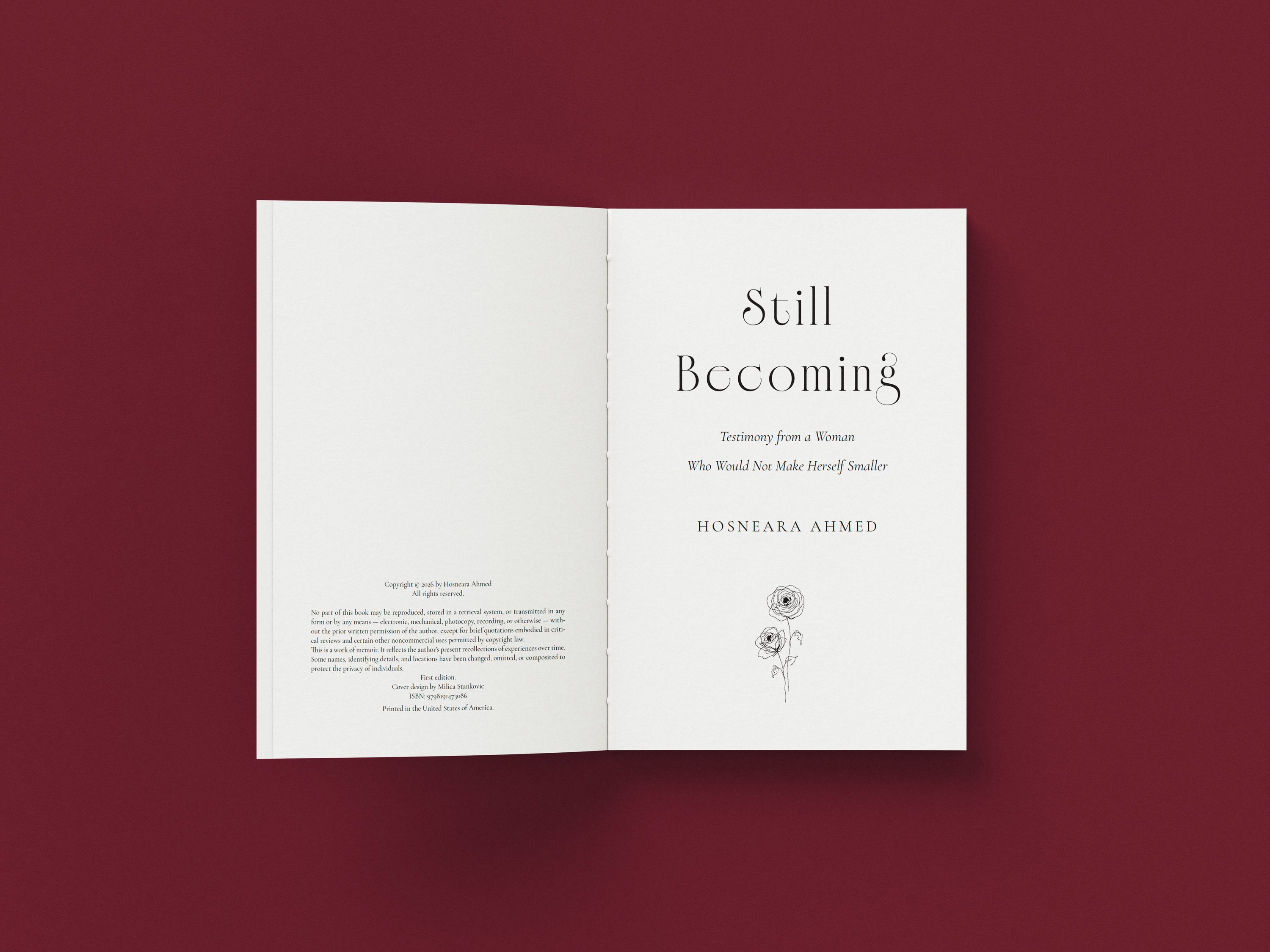 Title page spread with the copyright page opposite, set in a quiet serif with a small floral drawing