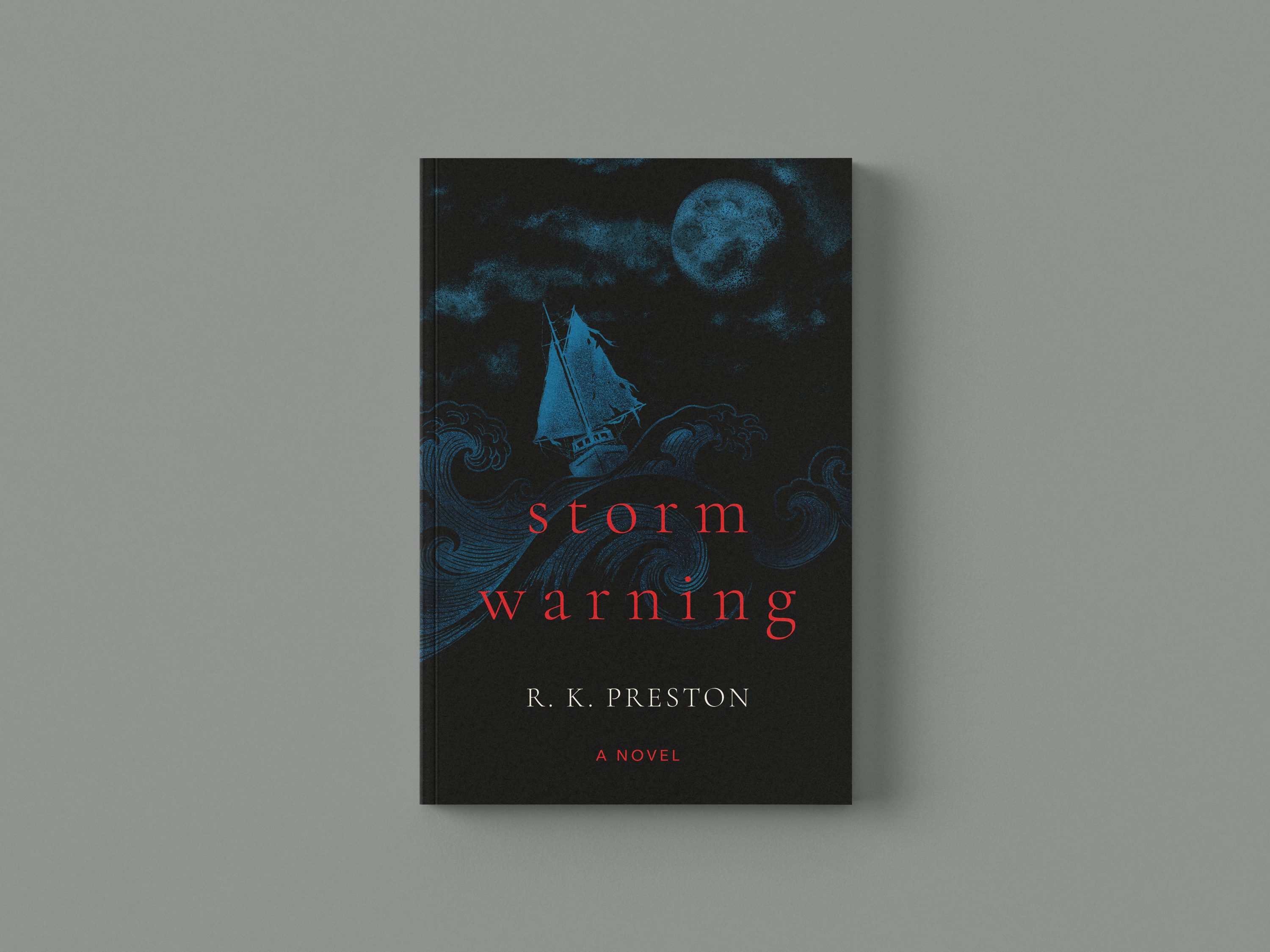 Storm Warning cover — a sailboat in a moonlit storm, engraved waves in blue on black, title in red