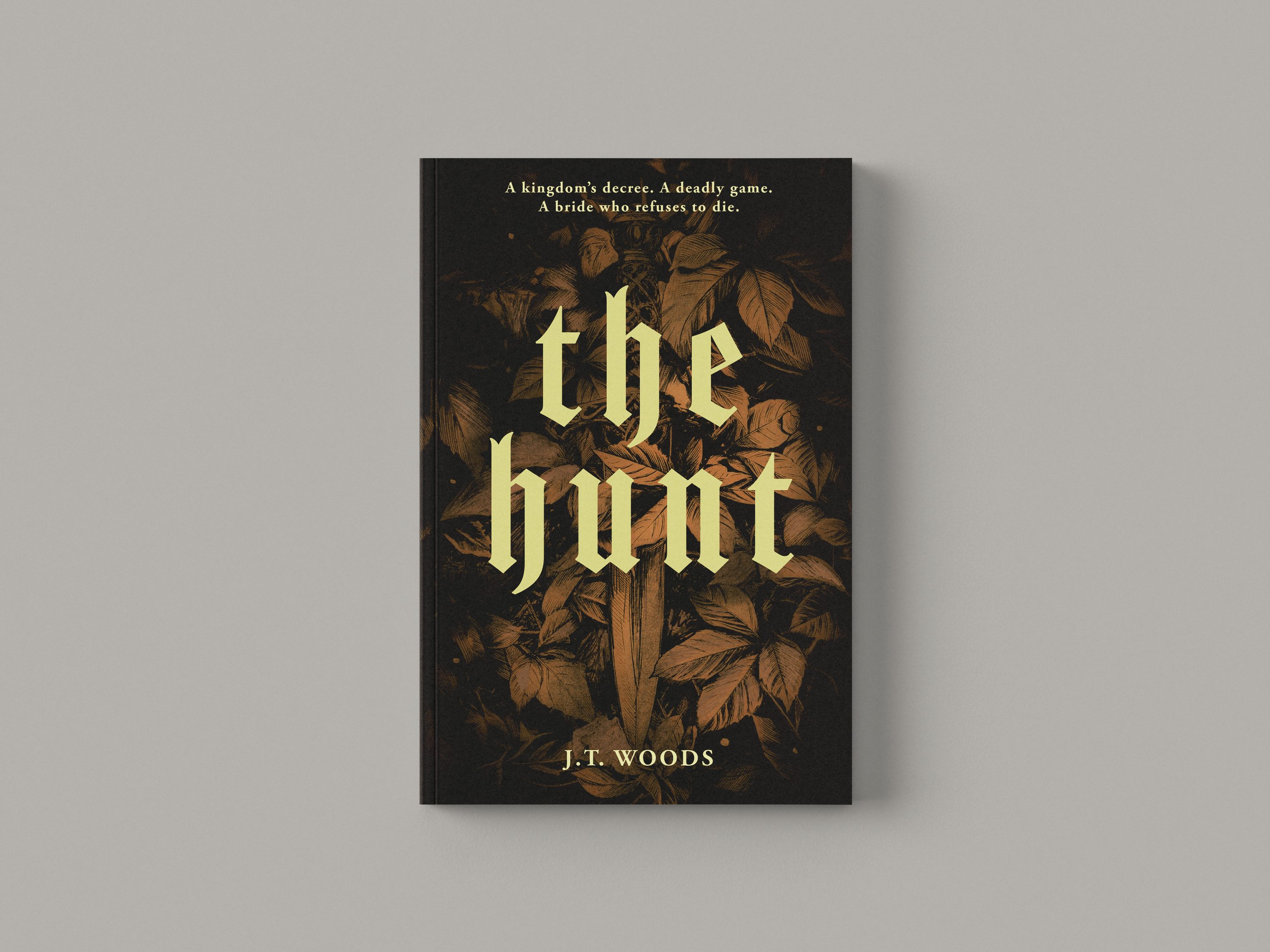The Hunt cover — pale blackletter title over dark fallen leaves, with a dagger half-hidden among them