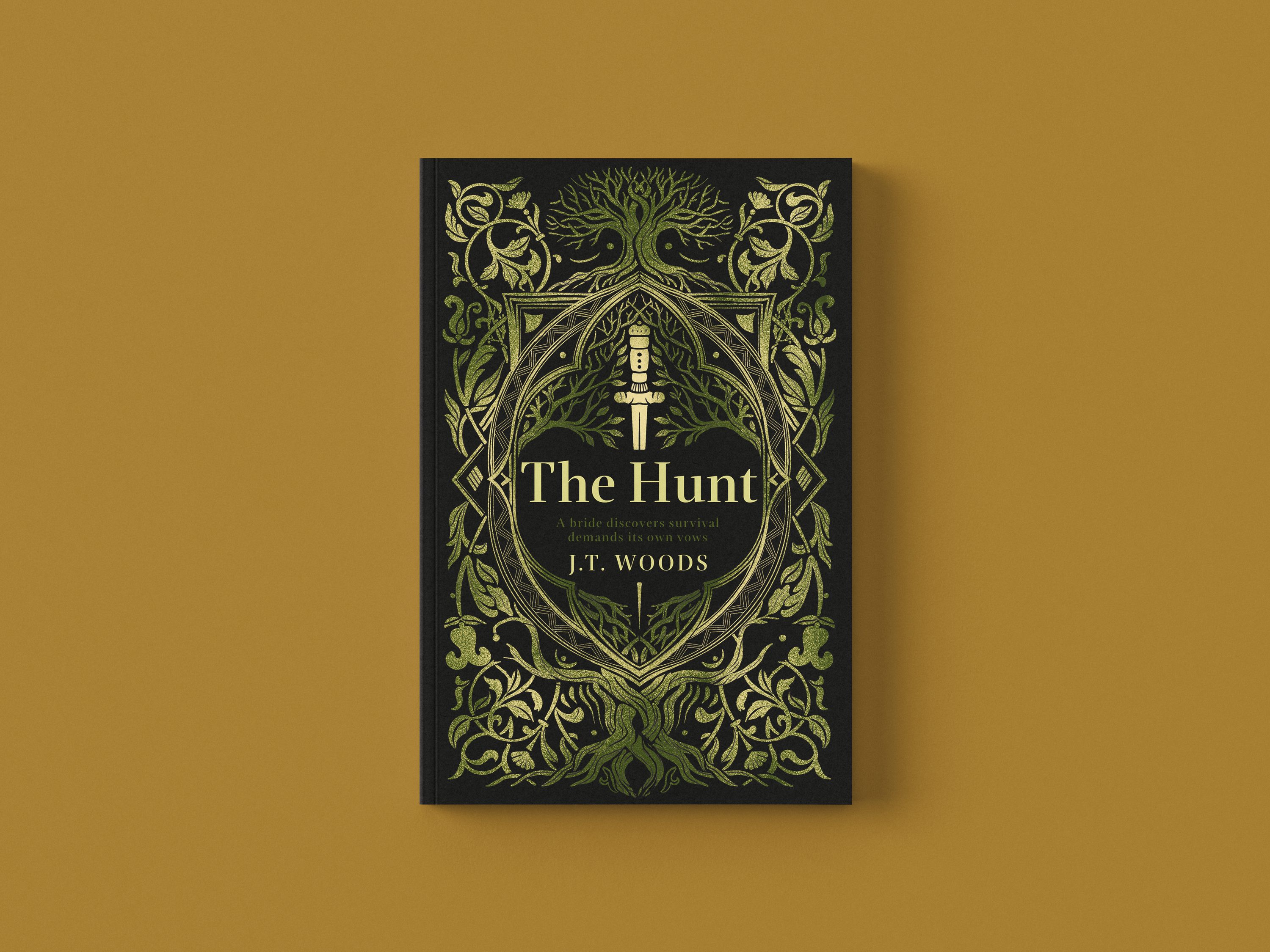 Alternate cover direction — a gold botanical frame and dagger on black, title in a classical serif