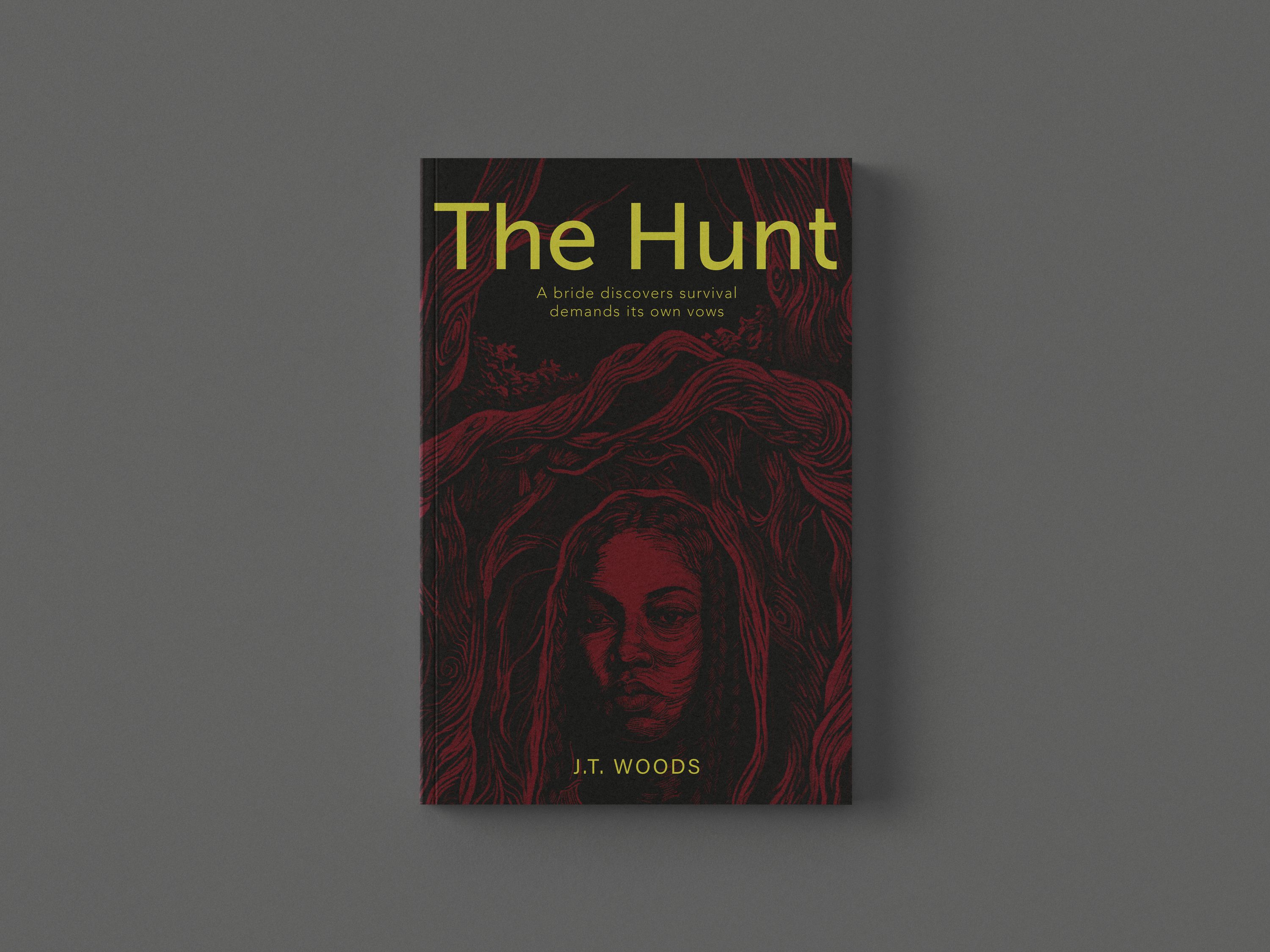 Alternate cover direction — a red woodcut portrait of a woman among branches, title in yellow