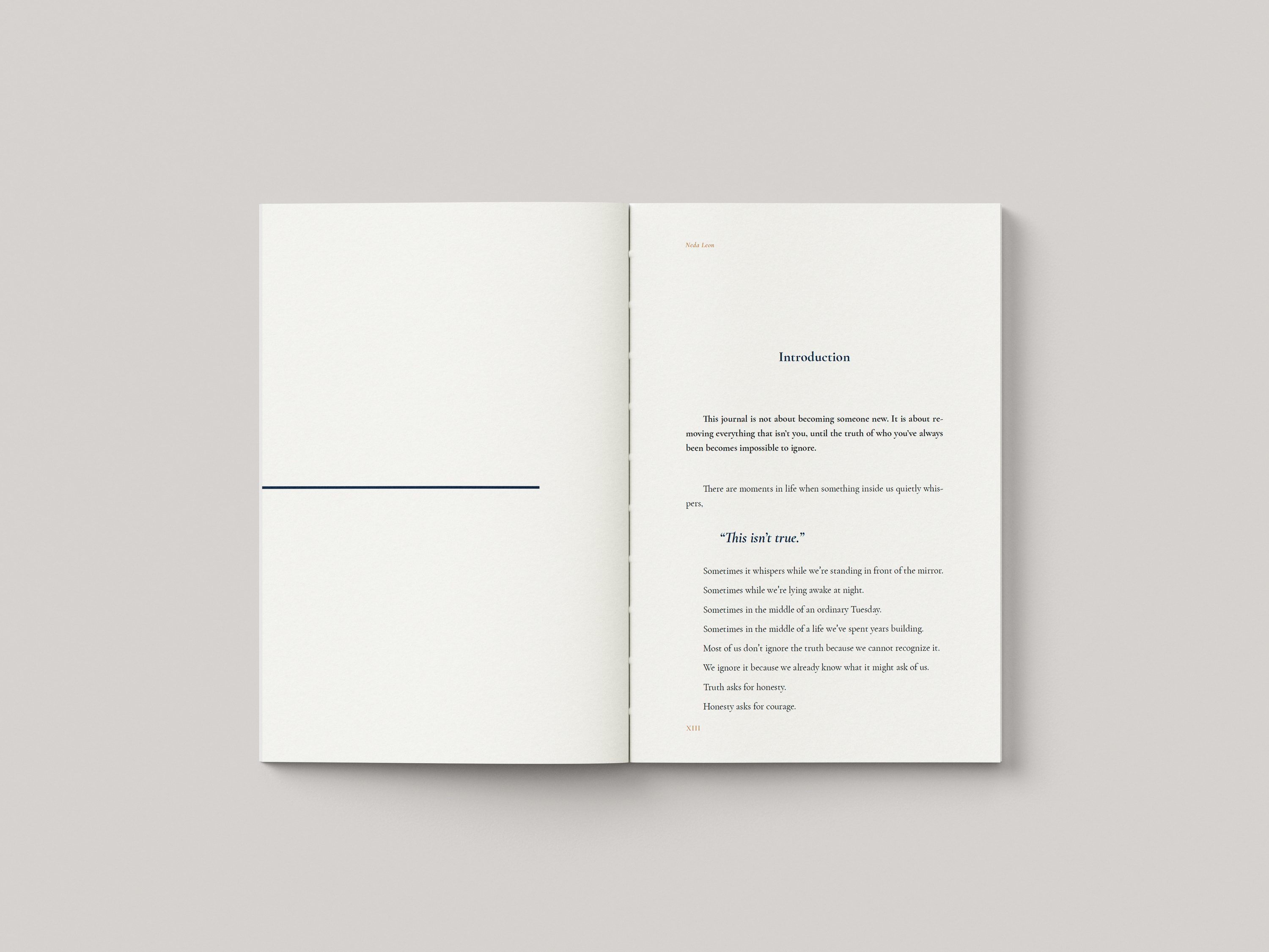 Introduction spread with a navy rule opposite the opening text