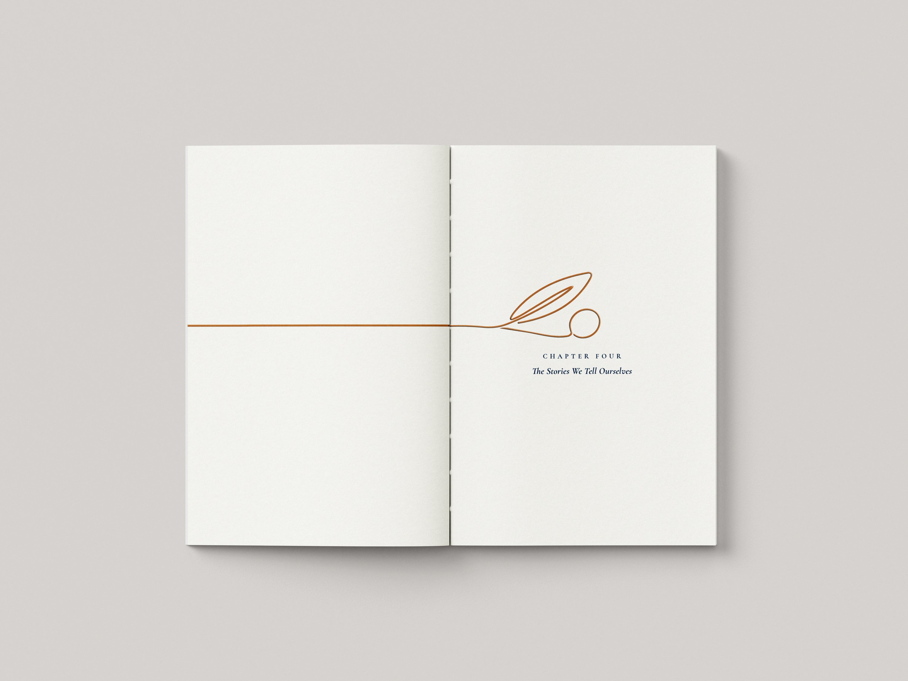 Chapter opener with a single continuous line drawing a quill in copper