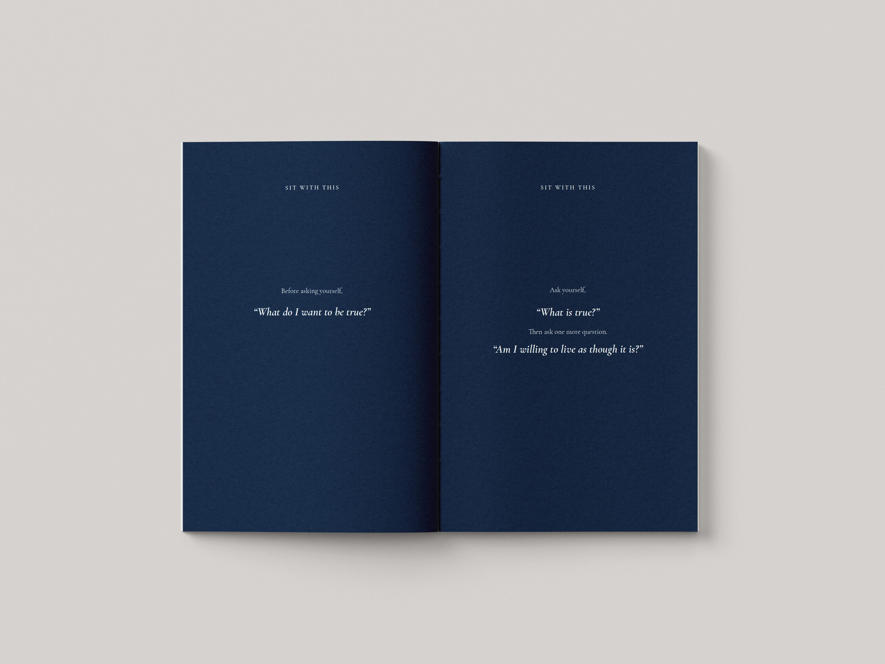 Navy prompt spread headed Sit With This, with two questions set in italic