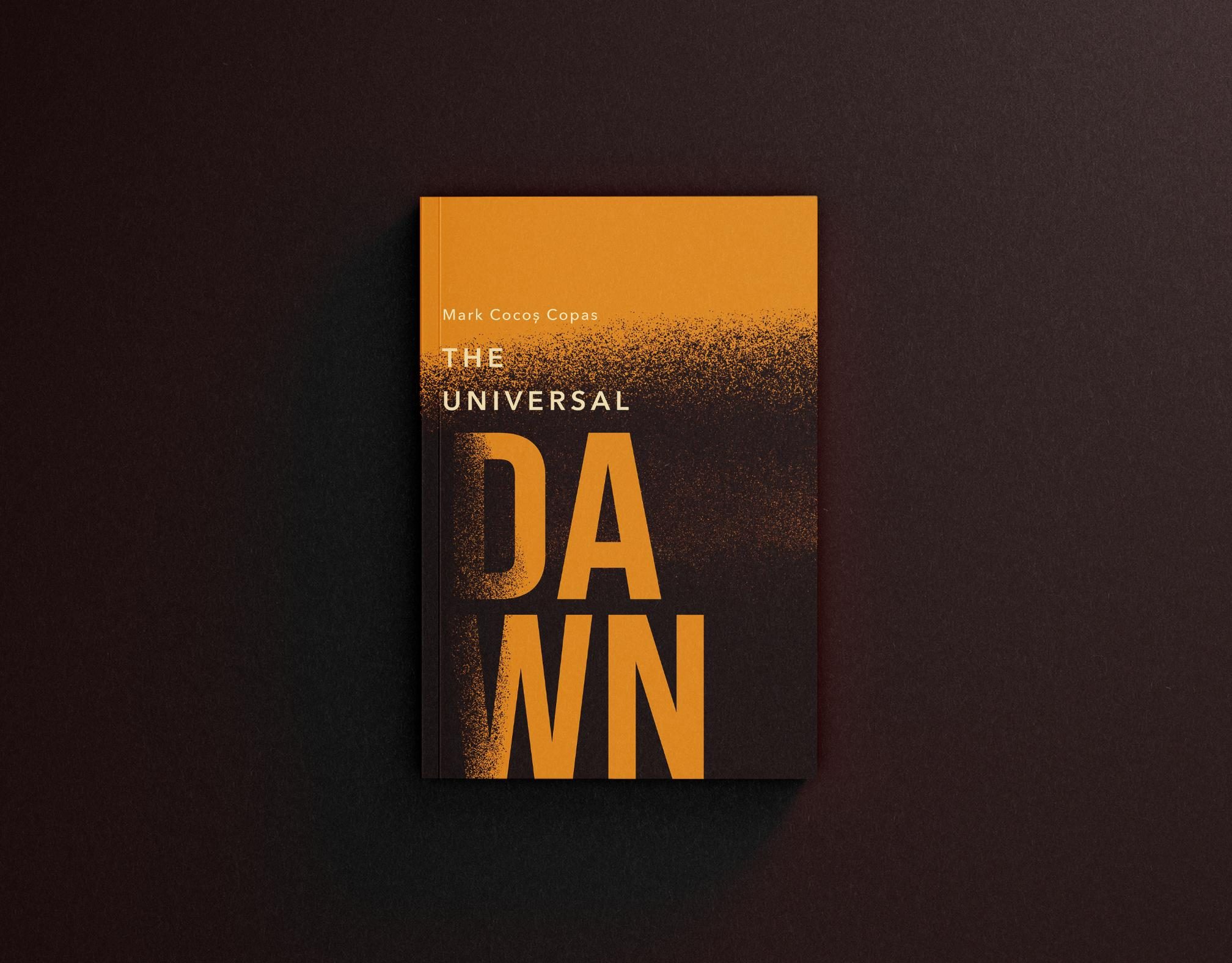 Alternate cover direction — the word DAWN in large orange type breaking across a grain-blown horizon